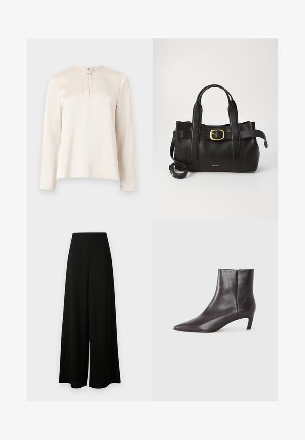 Cream long-sleeve blouse with a round neckline, front pleat detail, and a concealed zip closure at the back. Smooth silk-like texture.; Vero Moda Tall VMLIVA SUPER WIDE PANTS - Trousers - black; Black leather ankle boot with pointed toe and low kitten heel, smooth finish, side zipper, shown on a neutral background.; Black leather handbag featuring a structured design, dual top handles, gold-tone buckle accent, and embossed brand logo at the front.