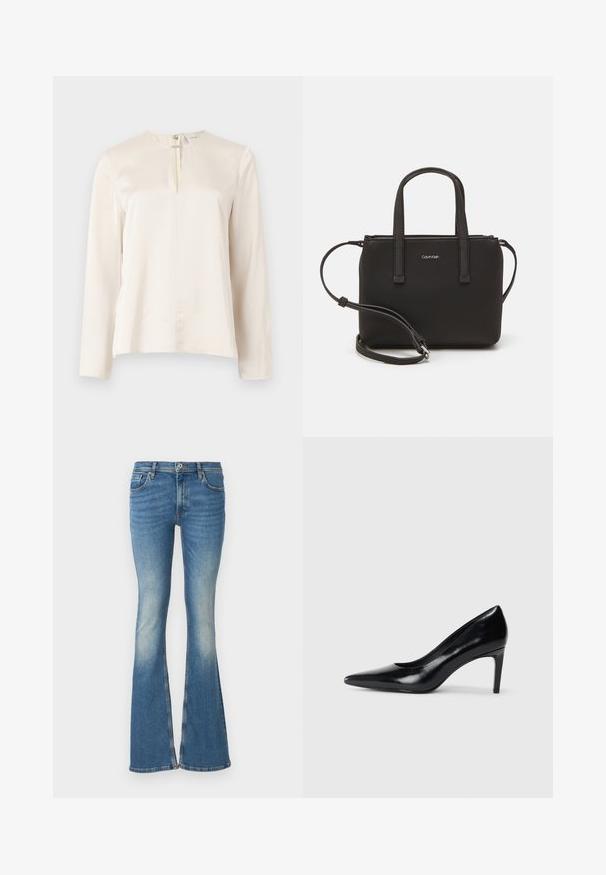 Krémová blúzka s dlhým rukávom a okrúhlym výstrihom, s detailom predného skladania a skrytým zipsom na chrbte. Hladká textúra podobná hodvábu.; Modré rozšírené džíny s vyblednutým umývaním, s stredne vysokým pásom, piatimi vreckami a zošitými detailmi pozdĺž okrajov.; Čierna kožená vysoká topánka s ihlovým podpätkom a špičatou špicou, hladkou textúrou a zúženým podpätkom. Minimalistický dizajn, bez ďalších ozdôb.; Čierna kabelka s dvojitými krátkymi rúčkami a odnímateľným ramenným popruhom. Hladký materiál podobný koži s uzatváraním na zips a detailom loga.