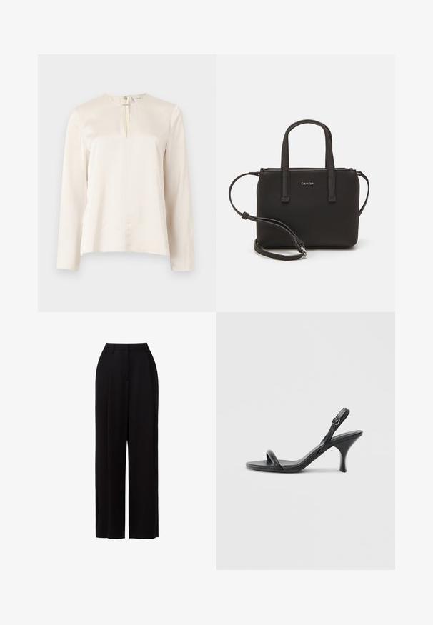 Kreem pikad varrukad särk ümarate kaelustega, ees volditud detailiga ja tagaküljel peidetud lukuga. Sile siidisarnane tekstuur.; Mustad lai püksid kergetest kangast, kõrge vöökoht, esipleatsid ning minimalistisch disain ilma nähtavate taskute või riistade.; Mustad nahast kõrgete kontsadega sandaalid, millel on saledad, kõverad kontsad ja ristatud rihma disain. Reguleeritav pahkluu rihm. Sile tekstuur.; Musthave mustrans vöö ja eemaldatav õlarihm. Gludike nahk siledaga, millel on tõmblukk ja logo detail.