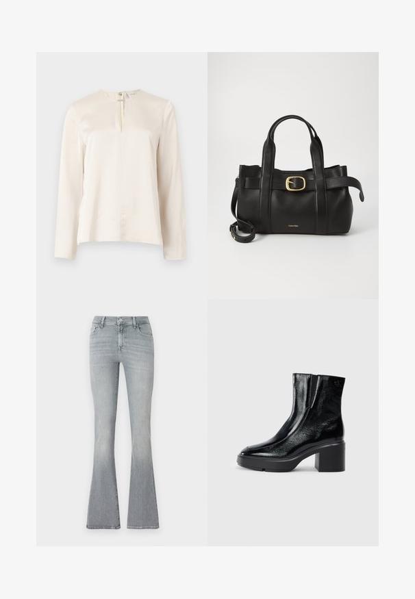 Blusa crema de manga larga con cuello redondo, detalle de pliegue en la parte frontal y cierre de cremallera oculto en la parte posterior. Textura suave y similar a la seda.; Jeans acampanados en denim gris claro. De talle alto, con un ligero desvanecido de la parte superior al dobladillo. Diseño clásico de cinco bolsillos y cierre con botón metálico.; Botas de tobillo de charol negro con puntera curva, paneles laterales elásticos y un tacón ancho. Presentan un logo embosado en la parte posterior.; Bolso de cuero negro con un diseño estructurado, doble mango superior, detalle de hebilla en tono dorado y logo de la marca grabado en la parte frontal.