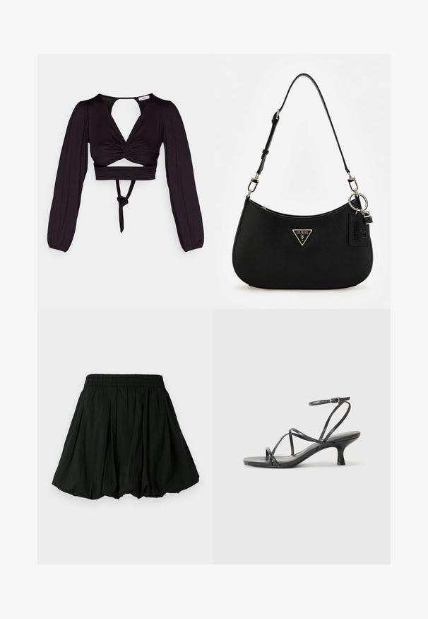 Črn skrajšani top z dolgimi pufastimi rukavi, zasnovo s twistom spredaj in odprtim hrbtom. Ima zavezo v pasu in gladko, raztegljivo tkanino.; Črna krilo z elastičnim pasom, ki ima nabran dizajn. Material se zdi lahek s gladko teksturo.; Črne sandale na peto z tankimi trakovi, odprto zasnovo na prstih in majhno, rahel okrogel peto. Material se zdi gladek in sijoč.; Črna sintetična torba za ramo s ukrivljeno silhueto, teksturirano površino, zlatim trikotnim logotipom in odstranljivimi dodatki.