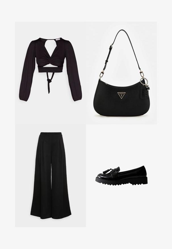 Czarny krótki top z długimi bufiastymi rękawami, skręconym przodem i otwartym plecami. Posiada wiązanie w talii oraz gładki, elastyczny materiał.; Szerokie czarne spodnie wykonane z miękkiego materiału, z przednimi zakładkami i wysokim stanem, zapewniające swobodną sylwetkę.; Czarne lakierowane mokasyny z grubą podeszwą, z ozdobą w postaci frędzli i zaokrąglonym noskiem. Trwała konstrukcja o gładkiej fakturze.; Czarna syntetyczna torba na ramię o zaokrąglonym kształcie, z teksturowanym wykończeniem, złotym logo w kształcie trójkąta i odczepianymi akcentami ze sprzętu.