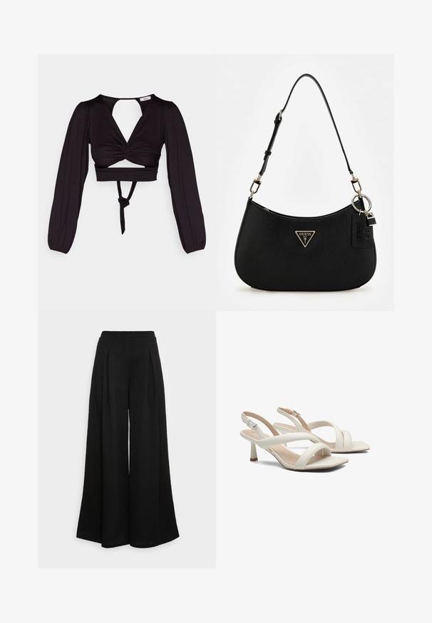 Crni kratki top s dugim napuhanim rukavima, dizajnom s uvijenim prednjim dijelom i otvorenim leđima. Ima kravatu u struku i glatku, rastezljivu tkaninu.; Široke crne hlače napravljene od mekog materijala, s prednjim naborima i visokim pojasom, osiguravajući lepršavu siluetu.; Bijele sandale sa slingback-om i preklopljenim trakama, minimalističkog dizajna, kvadratnog vrha i tankog potplata. Glatki materijal s mat finišem.; Crna sintetika torba za rame s zakrivljenim oblikom, teksturiranim završetkom, zlatnim trokutastim logotipom i odvojivim hardverskim naglascima.