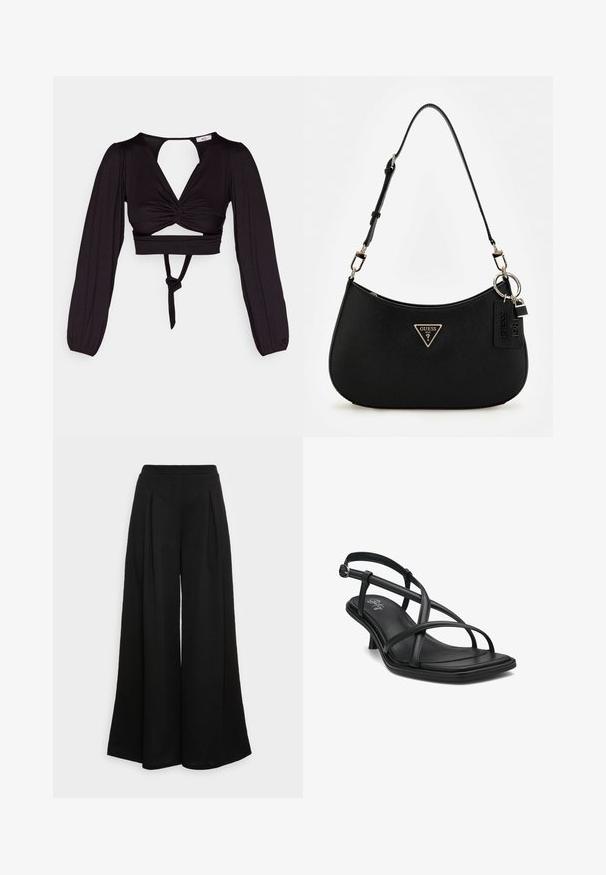 Zwart cropped top met lange pofmouwen, gedraaid voorkant ontwerp en open rug. Heeft een strik in de taille en een soepele, elastische stof.; Wijdvallende zwarte broek van een zacht materiaal, met plooien aan de voorkant en een hoge tailleband, wat zorgt voor een vloeiende silhouet.; Zwarte leren slingback sandaal met meerdere kruislings gespen, vierkante neus, minimale hak en een gladde, textuur inlegzool. Zilveren gespsluiting.; Zwarte synthetische schoudertas met een gebogen silhouet, textuurafwerking, gouden driehoeklogo en afneembare hardwareaccenten.