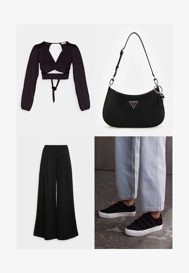 Top negru scurt cu mâneci lungi tip balon, design cu față răsucită și spate deschis. Include o legătură la talie și un material neted, elastic.; Pantaloni negri largi, confectionati dintr-un material moale, avand pliuri frontale si o talie inalta, asigurand o silueta fluida.; Adidași negri din corduroy cu trei benzi Velcro și un material texturat. Sole albe din cauciuc cu profil joasă. Purtați cu pantaloni scurți de culoare albastră deschis.; Geantă de umăr sintetică neagră cu o siluetă curbată, finisaj texturat, logo triunghiular aurie și accente hardware detașabile.