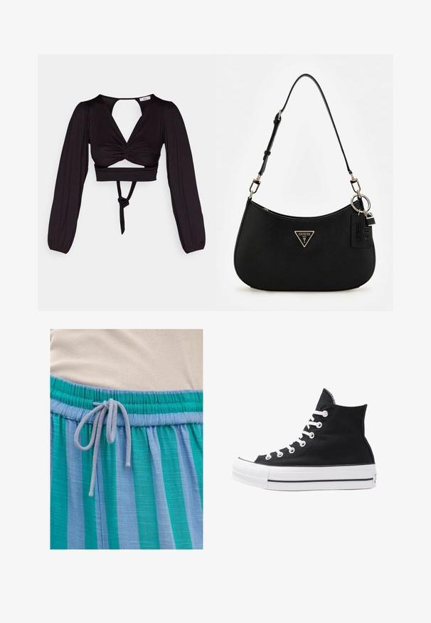 Black cropped top with long puff sleeves, twisted front design, and open back. Features a tie at the waist and smooth, stretchy fabric.; Lightweight blue and green striped fabric with an elastic waistband and a drawstring closure. Textured finish with subtle sheen.; High-top black canvas sneaker with white eyelets, laces, and rubber sole. Features a textured toe cap and black and white stripe accents.; Black synthetic shoulder bag with a curved silhouette, textured finish, gold triangle logo, and detachable hardware accents.