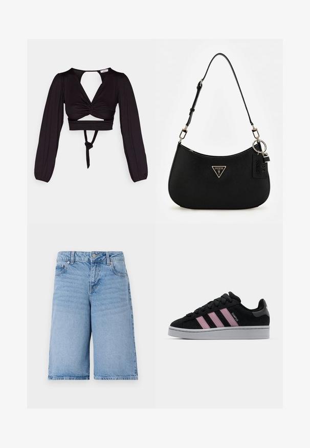 Black cropped top with long puff sleeves, twisted front design, and open back. Features a tie at the waist and smooth, stretchy fabric.; Light blue denim shorts with a loose fit, five-pocket design, front button closure, and a branded waistband tag.; Black suede sneaker with pink three-stripe design, gray rubber sole, and textured tongue. Features branding on the side and heel.; Black synthetic shoulder bag with a curved silhouette, textured finish, gold triangle logo, and detachable hardware accents.