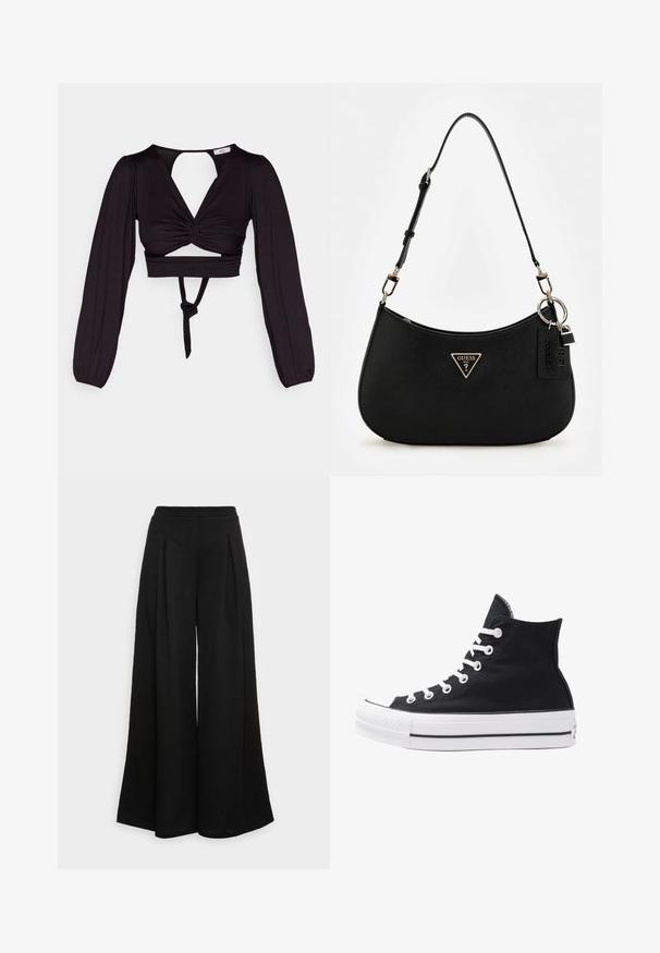 Zwart cropped top met lange pofmouwen, gedraaid voorkant ontwerp en open rug. Heeft een strik in de taille en een soepele, elastische stof.; Wijdvallende zwarte broek van een zacht materiaal, met plooien aan de voorkant en een hoge tailleband, wat zorgt voor een vloeiende silhouet.; Hoge zwarte canvas sneaker met witte oogjes, veters en rubberen zool. Beschikt over een gestructureerde neuskap en zwart-witte streepaccenten.; Zwarte synthetische schoudertas met een gebogen silhouet, textuurafwerking, gouden driehoeklogo en afneembare hardwareaccenten.