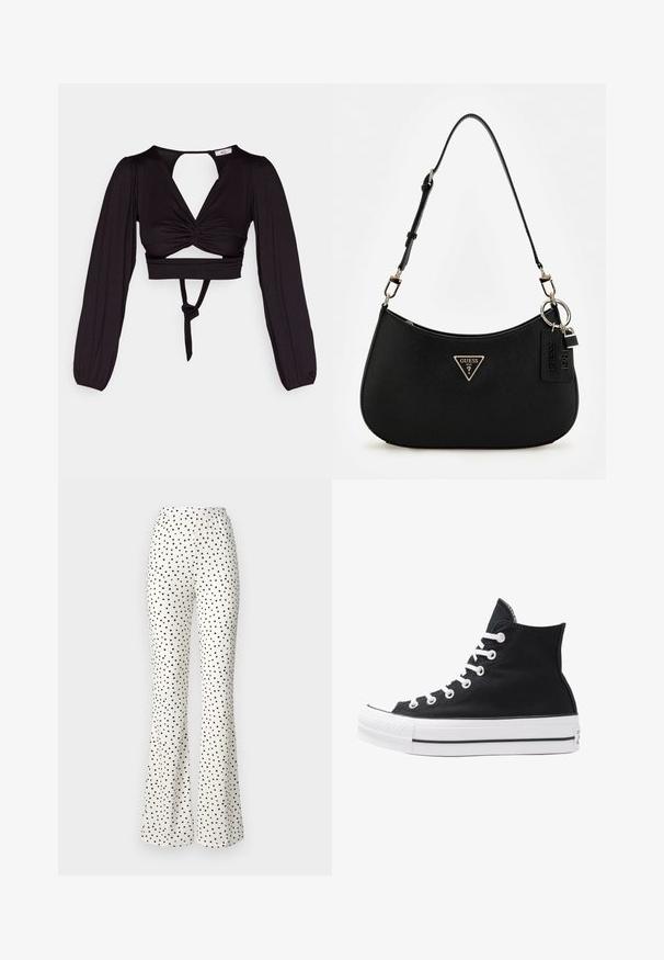 Must have lühike must topp, millel on pikad puhv-sleeved varrukad, keeratud esikujundus ja avatud selg. Sisaldab sidet taljes ja sujuvat, venivat kangast.; Valged laiad püksid mustade täppidega. Ribakujuline tekstuur, elastne vöökoht ja vabalt istuv jalgades. Sirge lõige alla ääres.; Kõrge must kangast spordijalats valgete silmade, paelte ja kummitaldiga. Omab tekstuuriga varbakatet ja musta-valge triibuga aktsente.; Must zwart sünteetilisest materjalist õlakotil on kaarjas siluett, struktureeritud viimistlus, kultne kolmnurga logo ja eemaldatavad metallaktsendid.