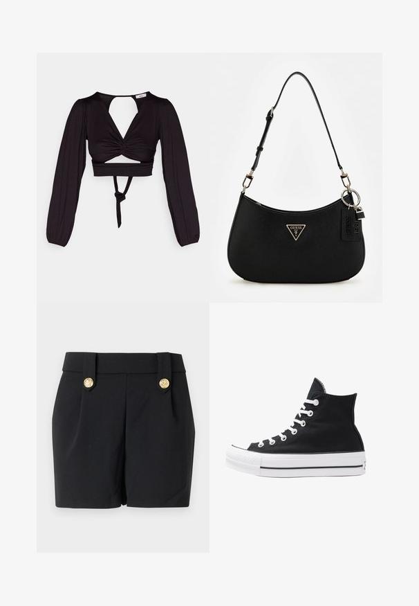 Sort cropped top med lange puffærmer, snoet frontdesign og åben ryg. Har et bånd i taljen og glat, strækbart stof.; Sorte shorts med skræddersyet design, prydet med dekorative knapper i guldfarve og en glat tekstur. Ingen lommer eller synlige sømme.; Højtop sort lærredssko med hvide øjetter, snørebånd og gummisål. Har en tekstureret tåhætte og sorte og hvide stribe-accenter.; Sort syntetisk skuldertaske med en buet silhuet, tekstureret overflade, gyldent trekantet logo og aftagelige hardware-detaljer.