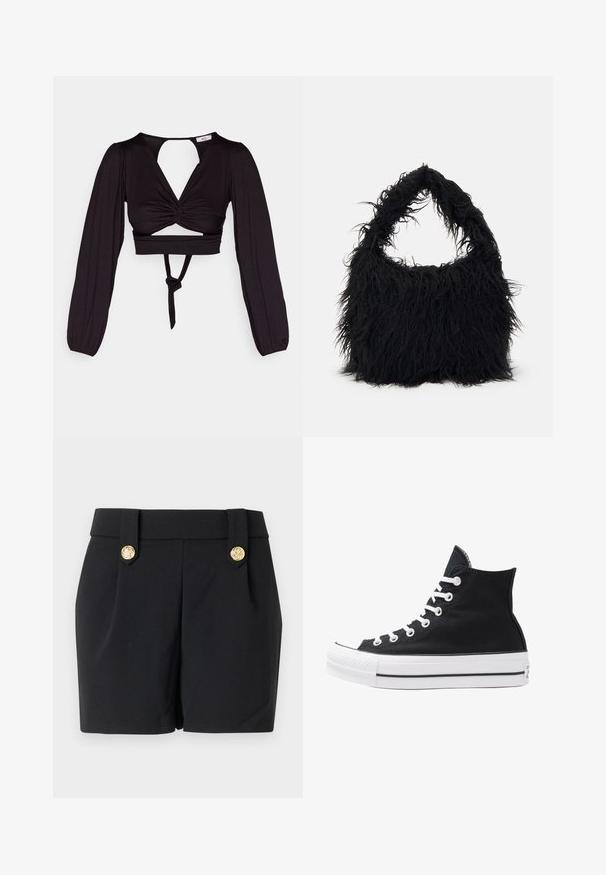 Top corto nero con maniche lunghe a sbuffo, design con fronte intrecciato e schiena scoperta. Presenta un nodo in vita e un tessuto liscio e elastico.; Pantaloni corti neri con un design su misura, caratterizzati da bottoni decorativi color oro e una texture liscia. Senza tasche o cuciture visibili.; Sneaker alta nera in tela con occhielli e lacci bianchi e suola in gomma. Presenta un punta testurizzata e accenti a strisce bianche e nere.; Even&Odd Shopping bag - black