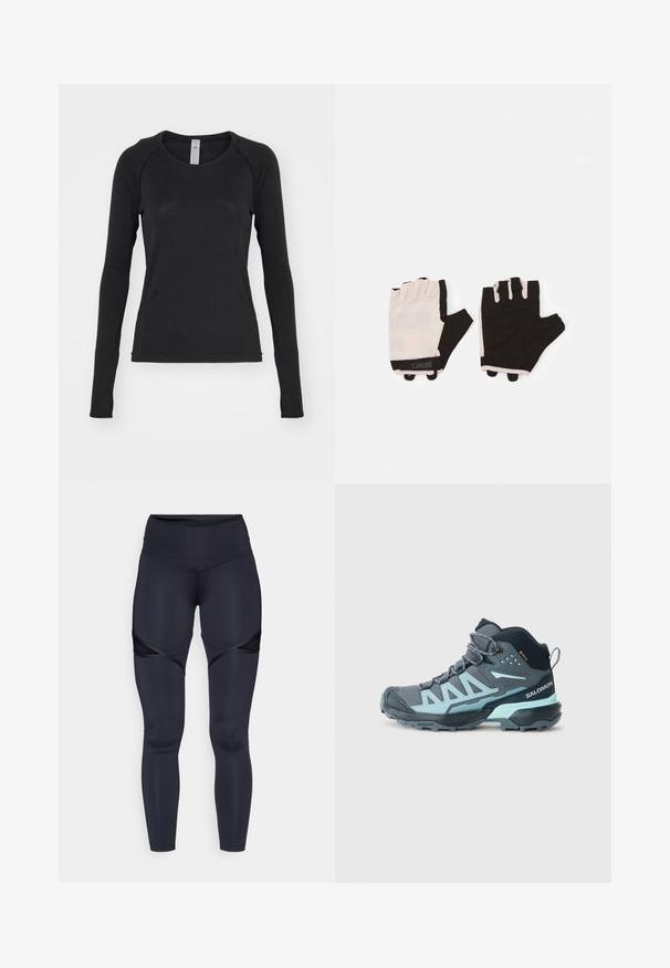 Fekete hosszú ujjú póló, puha anyagból készült. Kerek nyakú és rakott ujjal rendelkezik, az ujjak végén hüvelykujjnak való nyílással. Minimalista dizájn.; Magasan szabott, tengerészkék leggings, rugalmas anyagból készült, oldalt hálós kivágásokkal és sima, elegáns felülettel.; Sötétszürke, világoskék részletekkel rendelkező középmagas túra cipő. Jellemzői: texturált felsőrész, megerősített orr és egy strapabíró talp a tapadás érdekében.; Rózsaszín és fekete dizájnnal rendelkező fitneszkesztyű, lélegző anyagból, állítható csuklópánttal és texturált fogási kiemelkedésekkel.