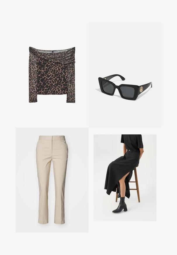 Schulterfreies Oberteil mit langen Ärmeln im Schwarz-Braunen Leopardenmuster, mit drapierter Ausschnittpartie und weichem, strukturiertem Stoff.; GANT SLIM SLACK - Chino - soft oat; Schwarzer Leinen-Maxi-Rock mit hohem Schlitz, getragen mit einem schwarzen T-Shirt und schwarzen Knöchelstiefeln. Minimalistisches Design mit lockerer Passform.; Schwarze quadratische Sonnenbrille mit dunklen Gläsern und glänzenden schwarzen Bügeln. Verfügt über einen goldenen kreisförmigen Hardware-Akzent an der Seite. Insgesamt glatte Textur.