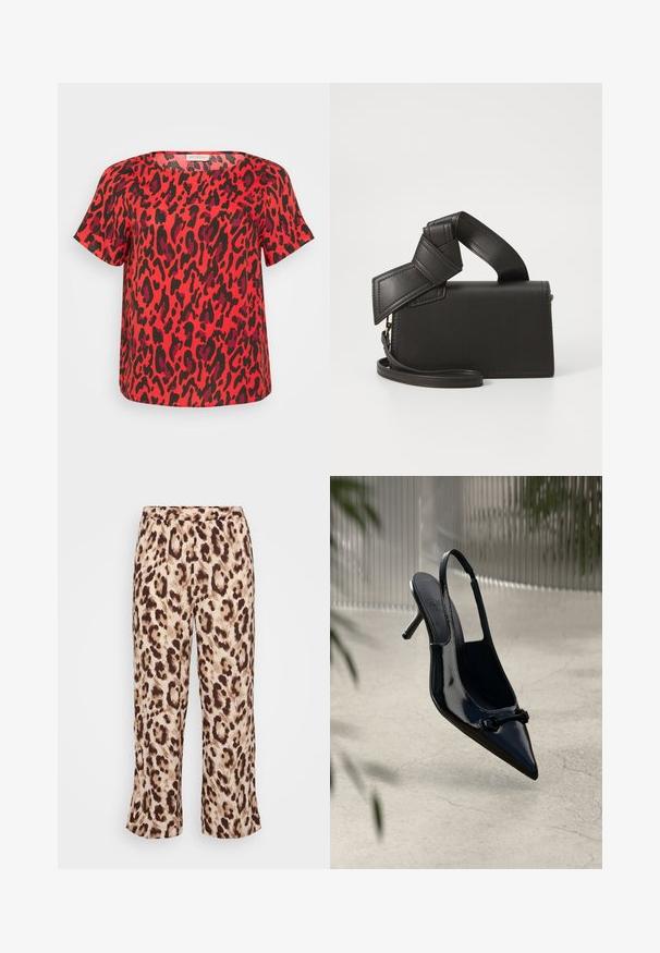 Rotes Kurzarm-Oberteil mit Leopardenmuster in Schwarz und Dunkellila. Lockerer Schnitt und viereckiger Ausschnitt.; Leopardenprint-Hosen mit einem elastischen Bund, die eine Mischung aus Beigetönen und Brauntönen aufweisen. Der Stoff hat eine glatte Textur; Design mit verkürztem Bein.; Schwarze Lackleder-Slingback-Pumps mit spitzer Zehenpartie und dekorativer Schnalle, schwebend über einem leicht rissigen Boden.; Schwarze Lederhandtasche mit rechteckiger Form, ausgestattet mit einem einzigartig geknoteten Griff und einem abnehmbaren Schultergurt. Glatte Oberfläche und minimale Nähte.