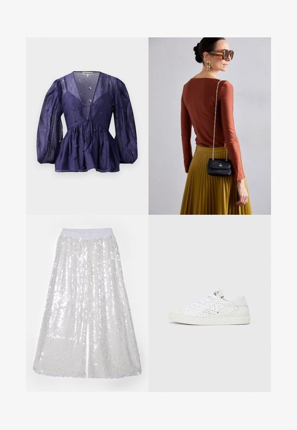 Tumedat sinine pluus läbipaistva kangaga, V-kaelusega ja puhvri varrukatega. Omab kogutud taljet ning lillede tikandi aktsente kogu ulatuses.; Norma Kamali BOYFRIEND ELEPHANT - Püksid - clear/white; Valged madalal nii, kus on perforatsiooni muster, lame nöörid ja tekstureeritud kummitald. Omab minimalismi stiili ja pehmet viimistlust.; Vivienne Westwood SMALL PURSE CHAIN - Ülerinna-kott - black