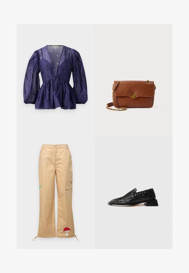 Tmavomodrá blúzka s priehľadnou látkou, s výstrihom do V a nafúknutými rukávmi. Obsahuje nariasený pás s kvetinovými výšivkami po celom obvode.; Béžové cargo nohavice vyrobené z hladkej látky, s vyšitým hubou a palmou, nastaviteľným lemom a bočnými vreckami.; Čierne kožené pletené slip-on topánky s nízkym blokovým podpätkom a detailom s vlnitým okrajom, vystavené na bielom pozadí.; Hnedá kožená crossbody taška so skladacím uzáverom, zlatými kovovými detailmi a reťazovou rukoväťou. Hladký povrch, obdĺžnikový tvar, minimálne detaily.