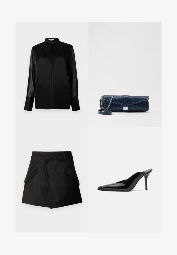 Schwarze Bluse mit Stehkragen, langen transparenten Ärmeln, Schleifendetail am Hals, aus glattem Satinmaterial, mit Knopfverschluss vorne.; Schwarzer Rock mit strukturiertem Design, ausgestattet mit zwei aufgesetzten Taschen und zwei Knöpfen. Hergestellt aus einem glatten Material mit einem strukturierten Taillenbund.; Schwarze Lackleder-Pumps mit hohen Absätzen, spitzer Zehenform und schlanker Silhouette, mit offenem Rücken und schlankem Stiletto-Absatz.; Marineblaue Leder-Clutch mit Krokodilstruktur, silberner Kettenriemen und metallischem Verschluss. Rechteckige Form mit Umschlagdesign.