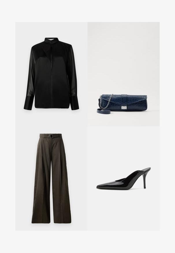 Schwarze Bluse mit Stehkragen, langen transparenten Ärmeln, Schleifendetail am Hals, aus glattem Satinmaterial, mit Knopfverschluss vorne.; Hoch taillierte, weit geschnittene Hose aus dunkelbraunem Stoff mit glatter Textur. Verfügt über einen passenden Gürtel mit einer runden Schnalle und gefaltetem Design.; Schwarze Lackleder-Pumps mit hohen Absätzen, spitzer Zehenform und schlanker Silhouette, mit offenem Rücken und schlankem Stiletto-Absatz.; Marineblaue Leder-Clutch mit Krokodilstruktur, silberner Kettenriemen und metallischem Verschluss. Rechteckige Form mit Umschlagdesign.
