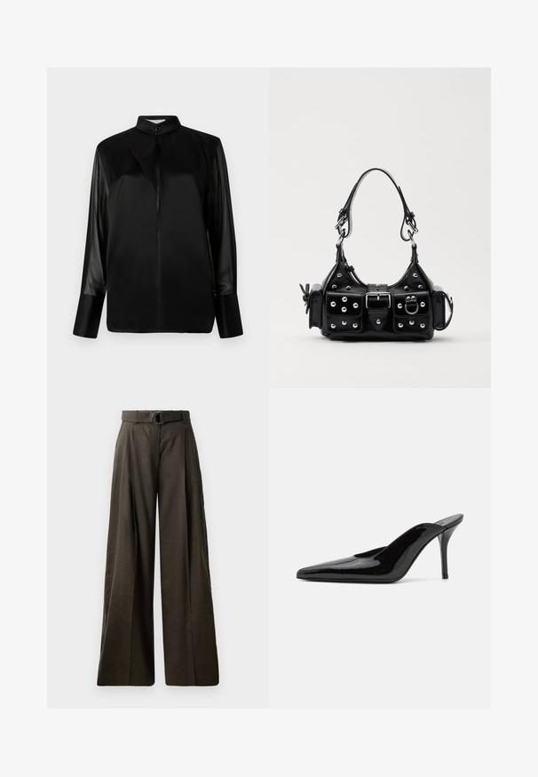 Blusa negra con cuello alto, mangas largas transparentes, detalle de lazo en el cuello, hecha de suave tela satinada, cierre frontal con botones.; Pantalones de pierna ancha de cintura alta en tejido marrón oscuro con una textura suave. Presenta un cinturón a juego con una hebilla circular y un diseño plizado.; Mule de charol negro con tacón alto, punta afilada y una silueta elegante, con un escote abierto en la parte posterior y un tacón de aguja delgado.; Bolso de mano de cuero negro con un diseño curvado, que cuenta con tachuelas plateadas, una hebilla y dos bolsillos laterales. Correa ajustable para opciones de transporte.