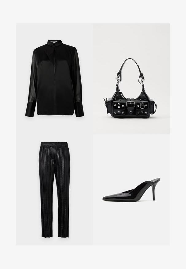 Zwarte blouse met een opstaande kraag, lange doorschijnende mouwen, strikdetail bij de hals, gemaakt van gladde satijnen stof, sluiting met knopen aan de voorkant.; Zwarte geplooide leren broek met een elastische tailleband en rechte pijpen, voorzien van verticale groeven voor textuur.; Zwarte gepatineerde leren hoge hak muiltjes met een spitse neus en een slanke silhouet, met een open achterkant en een slanke stilettohak.; Zwarte lederen handtas met een gebogen ontwerp, voorzien van zilveren studs, een gesp en twee zijvakken. Verstelbare schouderband voor verschillende draagmogelijkheden.