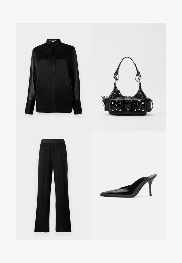 Sort bluse med stand-up krave, lange gennemsigtige ærmer, sløjfe-detalje ved halsen, lavet af glat satinmateriale, front lukning med knapper.; Sorte brede bukser lavet af glat stof med en strækbar elastik. Har folder for ekstra volumen og bevægelse, uden synlige mønstre eller detaljer.; Sorte lakerede højhælede mulesko med spids tå og en slank silhuet, der har åben hæl og en slank stilettohæl.; Sort læderhåndtaske med et buet design, prydet med sølvfarvede nitter, en spænde og to sidelommer. Justerbar rem til forskellige bære muligheder.