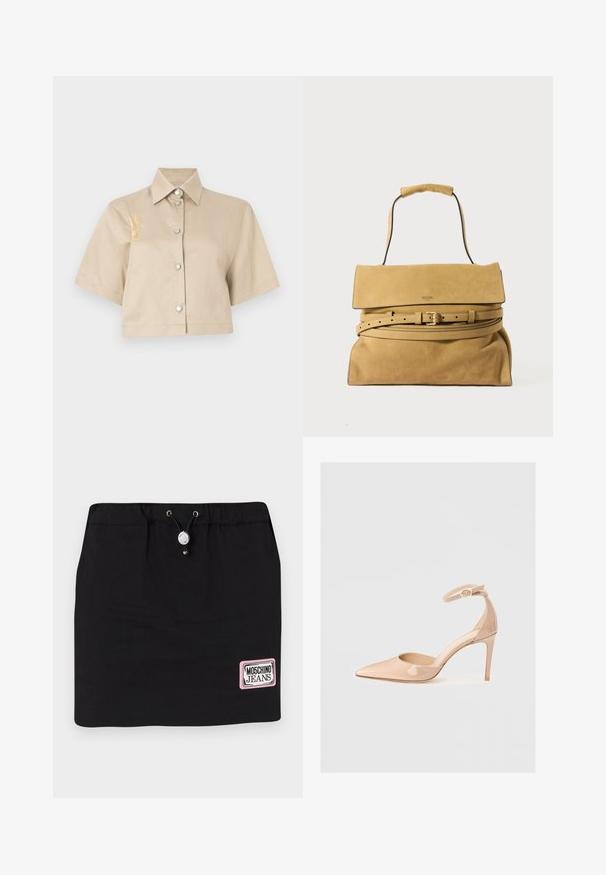 Camisa bege cortada com mangas curtas, fecho frontal com botões e botões prateados. Apresenta um detalhe bordado amarelo no lado esquerdo.; Saia de ganga preta com cintura elástica, cordão prateado e um patch do logo da Moschino Jeans em rosa no canto inferior direito.; Shoe de verniz nude com biqueira pontuda, tirante no tornozelo e tacão agulha, apresentando uma textura suave e design minimalista.; Uma bolsa Moschino de camurça bege com uma pega superior, aba dobrável e um cinto correspondente enrolado na sua base.