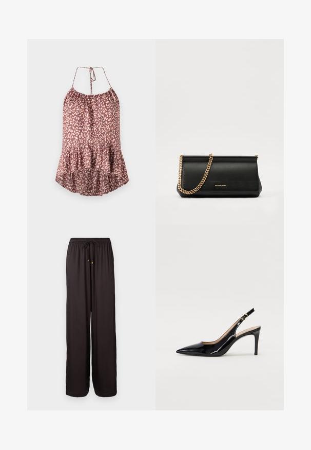 Camisola de alça com padrão de leopardo em mauve e creme, apresentando uma bainha ampla, alças ajustáveis com laço e um tecido leve e texturizado.; Calças pretas de corte folgado, com cintura elástica e cordão de ajuste com pontas douradas, de comprimento total e com pernas retas.; Sandal com salto em verniz preto, bico fino, salto esguio e um design de recorte subtil. Apresenta uma fivela dourada na alça.; Mala de mão de couro preta com uma alça de corrente dourada, apresentando uma textura suave, forma retangular e uma marca gravada na parte da frente.