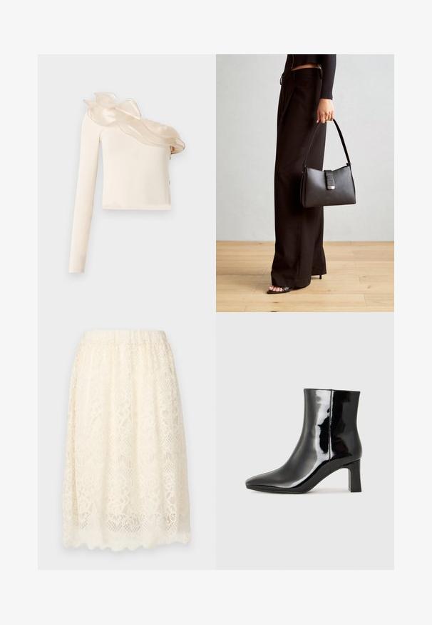 Asymmetrical cream top with one long sleeve, featuring a sheer ruffled neckline detail and smooth, fitted fabric.; Lace skirt in cream color featuring a textured floral pattern, elastic waist, and a scalloped hem for added detail.; Black patent leather ankle boot with a pointed toe and a mid-height block heel. Smooth texture and minimalist design.; Black handbag with structured shape, smooth texture, and a metallic clasp. Paired with wide black pants and open-toe sandals on wooden floor.