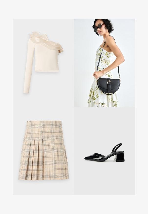Epäsymmetrinen kerma valkoinen paita, jossa on yksi pitkä hiha, läpikuultava röyhelöinen kaulussuunnittelutyö ja sileä, istuva kangas.; Beige ruched ruutuhelma, jossa on sinisiä ja ruskeita viivoja, varustettuna muotoillulla vyötärönauhalla ja teksturoidulla kankaalla rakenteellista ilmettä varten.; Mustat patentoitu nahkakengät, joissa on säären takaosa ja terävä kärki, sekä geometrinen palikkakorko. Sisältää tyylikkään, minimalistisen muotoilun ja sileän pinnan.; Musta nahkainen käsilaukku, joka on kaareva muotoilultaan, irrotettavalla hihnalla ja kultaisilla yksityiskohdilla. Laukussa on läppä, jossa on solk yksityiskohta.