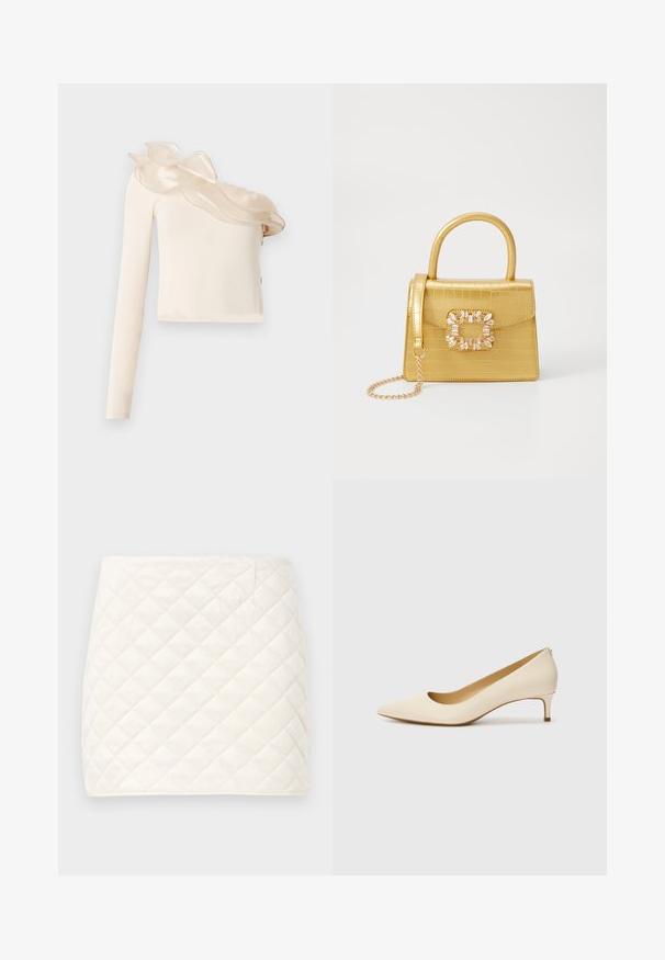 Asymmetrical cream top with one long sleeve, featuring a sheer ruffled neckline detail and smooth, fitted fabric.; Quilted mini skirt in soft white fabric, featuring a diamond pattern and clean lines, with a smooth texture and no visible fastenings.; Beige pointed-toe pump made of smooth synthetic material, featuring a low heel and a slip-on design with a subtle back detail.; Yellow faux-crocodile handbag with a structured design, top handle, detachable chain strap, and decorative crystal embellishment on the clasp.