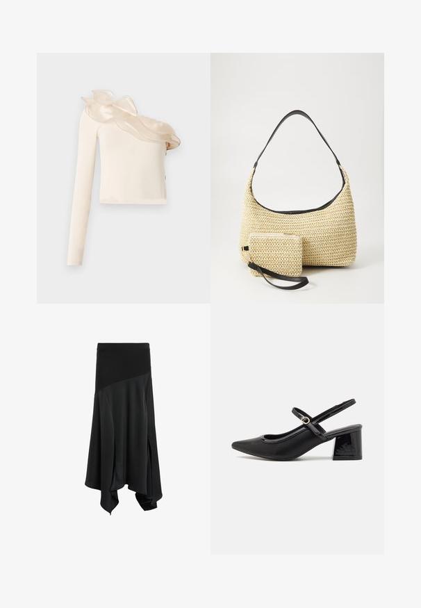Asymmetrical cream top with one long sleeve, featuring a sheer ruffled neckline detail and smooth, fitted fabric.; Black asymmetrical skirt with a smooth texture, featuring a wide elastic waistband and side slits for added movement and flow.; Black patent leather slingback heels with a pointed toe, a rounded cutout design, and a block heel. Features a gold-tone buckle accent.; Woven straw handbag with a curved silhouette, featuring a smooth black leather strap and a matching small pouch attached by a wrist strap.