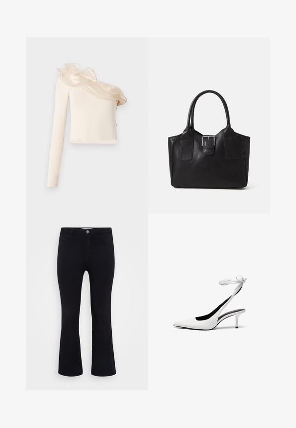 Asymmetrische crèmewitte top met één lange mouw, voorzien van een doorschijnende ruches aan de halslijn en een gladde, aansluitende stof.; ONLY Carmakoma CARTHUNDER PUSH UP - Flared Jeans - black denim; Witte pointed-toe slingback hakken met een dunne enkelband. Gladde leren materiaal, dunne stilettohak en een zwarte binnenvoering.; Zwarte leren tote bag met een gladde textuur, gestructureerde vorm, twee handvatten en een opvallend zilveren sluitingdetail aan de voorkant.