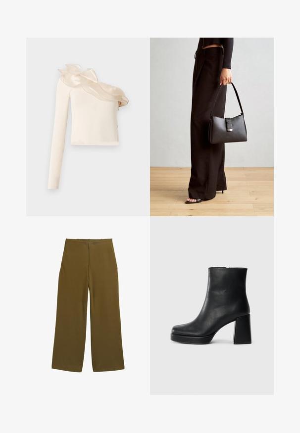 Epäsymmetrinen kerma valkoinen paita, jossa on yksi pitkä hiha, läpikuultava röyhelöinen kaulussuunnittelutyö ja sileä, istuva kangas.; Valkaniset housut oliivinvihreässä kankaassa, jossa on sileä pinta ja ei näkyviä kiinnityksiä. Suunniteltu rennoksi istuvuudeksi, jossa on puhtaat linjat.; Musta nahkasaapas nilkkapituisena, jossa on paksu korko ja alustapohja, nähtynä sivulta yksinkertaisella valkoisella taustalla.; Musta käsilaukku, jossa on rakenteellinen muoto, sileä pinta ja metallinen solki. Yhdistetty leveisiin mustiin housuihin ja avonaiheisiin sandaaleihin puulattialla.