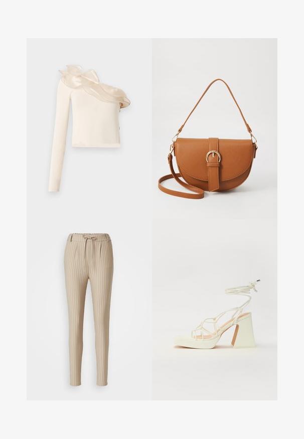 Asymmetrical cream top with one long sleeve, featuring a sheer ruffled neckline detail and smooth, fitted fabric.; Beige striped trousers with a drawstring waistband, tapered leg design, pleated front, and smooth texture. Vertical white stripes are featured.; White high-heeled sandal with a chunky heel, featuring a strappy design and ankle tie. Smooth texture with a platform front for added height.; Brown leather crossbody bag with a curved shape, gold hardware, and a buckle accent. Features a detachable shoulder strap.