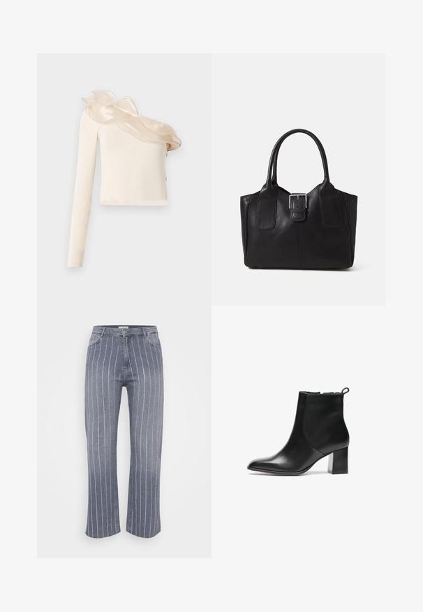 Top creme assimétrico com uma manga comprida, apresentando um detalhe transparente com folhos no decote e tecido liso e ajustado.; Calças largas em denim cinza claro com riscas verticais brancas. Apresenta uma cintura padrão, design de cinco bolsos e detalhes de costura subtil.; Bota de tornozelo em pele preta com bico arredondado, um salto bloco de altura média e uma aba de puxar na parte de trás. Textura suave, design minimalista.; Bolsa tote de couro preta com textura suave, forma estruturada, duas alças e um destaque prateado proeminente na parte da frente.