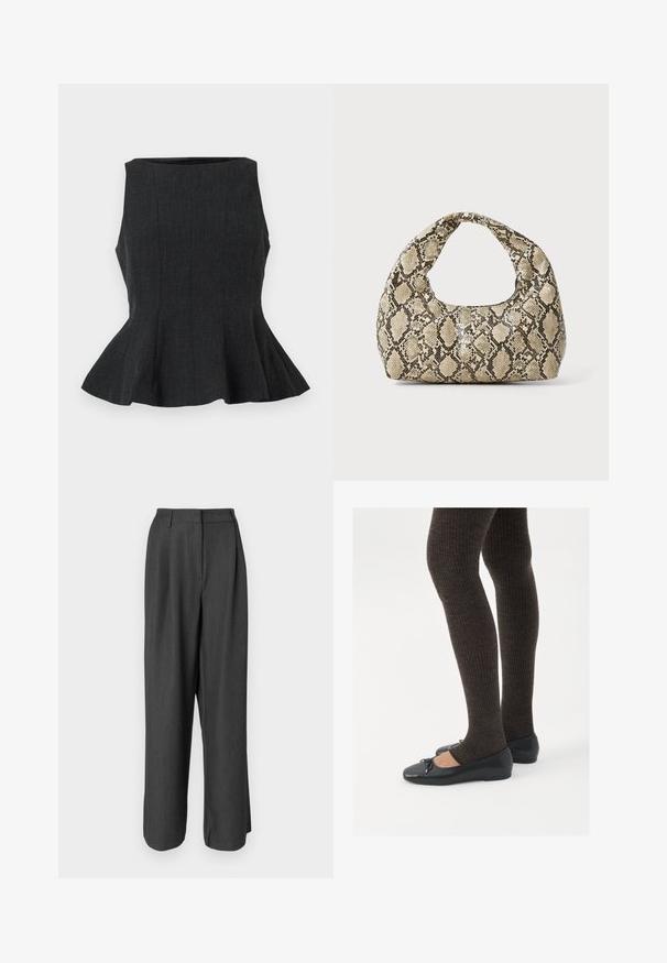 Juoda, be rankovių peplum viršutinė dalis su struktūrizuotu dizainu. Savyje turi tekstūruotą medžiagą ir platėjantį kraštą, suteikiantį pritaikytą išvaizdą.; Tamsiai pilki, plačios kojos kelnės su pritaikyta išvaizda. Yra lygus paviršius, raukšnių detalė ir vidutinio aukščio juosmuo.; Juodos plokščios bateliai su maža kaspinėlio detale prie pirštų, derinami su tamsiai rudos spalvos raukšlėtomis pėdkelnėmis. Bateliai turi lygų paviršių ir žemą profilį.; Gyvatės rašto rankinė su kreiviu rankenėle. Pagaminta iš tekstūruotų smėlio ir rudos spalvos medžiagų, su išskirtiniu rombo raštu.