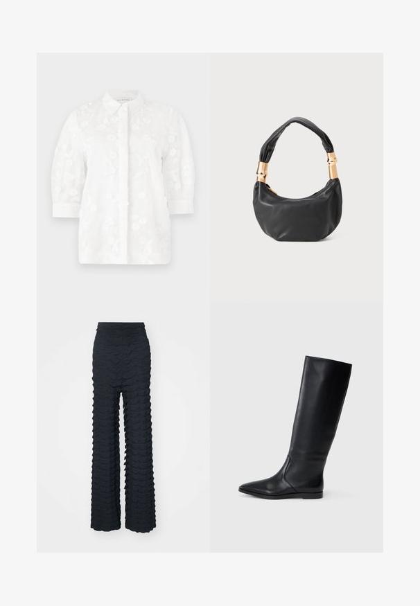 Blusa blanca bordada con cuello tipo camisa, mangas tres cuartos, patrones florales y cierre de botones en la parte delantera.; Pantalones de pierna ancha en tejido gris oscuro con un patrón texturizado en forma de olas, cintura alta, y un acabado suave con una silueta estructurada.; Bota alta de cuero negro con punta afilada y diseño minimalista. Textura suave y suela plana, con discretos detalles de costura lateral.; Bolso de mano de cuero negro con forma redonda, textura suave y un asa anudada que cuenta con acentos de hardware en tono dorado. Cierre con cremallera.