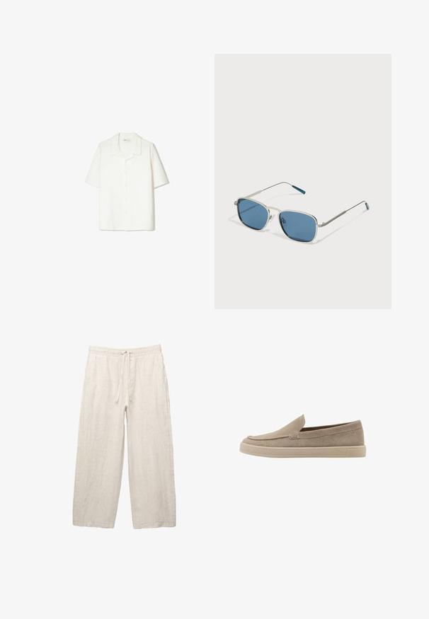 Lyhythihainen, nappikiinnitteinen paita vaaleanvalkoisena, jossa on pehmeä, tekstuurinen kangas, avotuki ja rento malli.; Vaaleanbeige pellavahousut, joissa on joustava vyötärö, säätönyöri, leveät lahkeet ja sivutaskut. Sulava rakenne.; Beige mokkasiner i suedemateriale med rund tå, lavprofil design og teksturert overflate. Har subtile stikninger langs overdelen.; Aurinkolasit, joissa on hopeametallinen kehys, suorakulmaiset siniset linssit ja ohuet varret. Kehyksissä on sinisiä yksityiskohtia temppeleiden kärjissä.