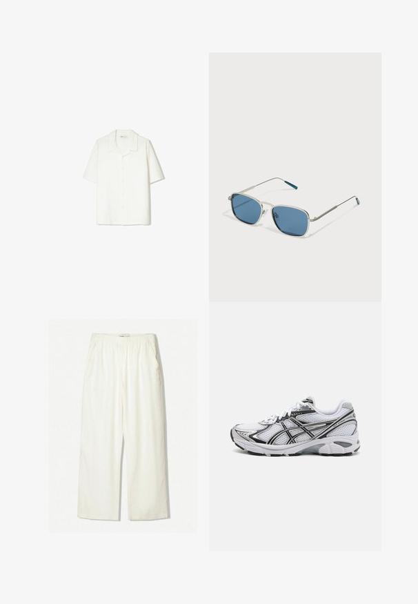 Rövid ujjú, gombos ing világosszürke színben, puha, texturált anyagból készült, nyitott gallérral és laza szabással.; Fehér, bő szárú nadrág könnyű anyagból. Rugalmas derékkal és oldalsó zsebekkel rendelkezik, sima, enyhén texturált felülettel.; Fehér sportcipő hálós felsőrészsel, fekete részletekkel és ezüst kiegészítőkkel. Párnázott talppal és fűzős kialakítással rendelkezik a jobb tartás érdekében.; Ezüst fém keretes napszemüveg, téglalap alakú kék lencsékkel és vékony karokkal. A templomhegyeken kék részletek találhatók.