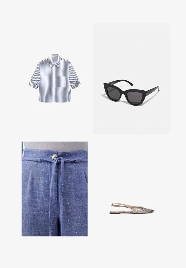 Gekürztes Hemd mit blauen und weißen gestreiften Muster, kurzen hochgerollten Ärmeln und einer einzelnen Brusttasche. Weicher Stoff.; Blaue Stoffhosen mit strukturierter Oberfläche, ausgestattet mit einem gebundenen Bund, einem silbernen Knopf und verstreuten hellen Punkten.; Slingback-Flats mit Schlangenprint in Beige- und Schwarztönen, spitz zulaufend mit einem dünnen Knöchelriemen.; Schwarze Cat-Eye-Sonnenbrille mit matter Oberfläche, grauen getönten Gläsern, scharfen Kanten und schlanken Bügeln. Der Markenname ist auf dem inneren Bügel sichtbar.; Schwarze Lederhandtasche mit zwei Schulterriemen, rechteckiger Form und minimalistischem Design auf weißem Hintergrund.