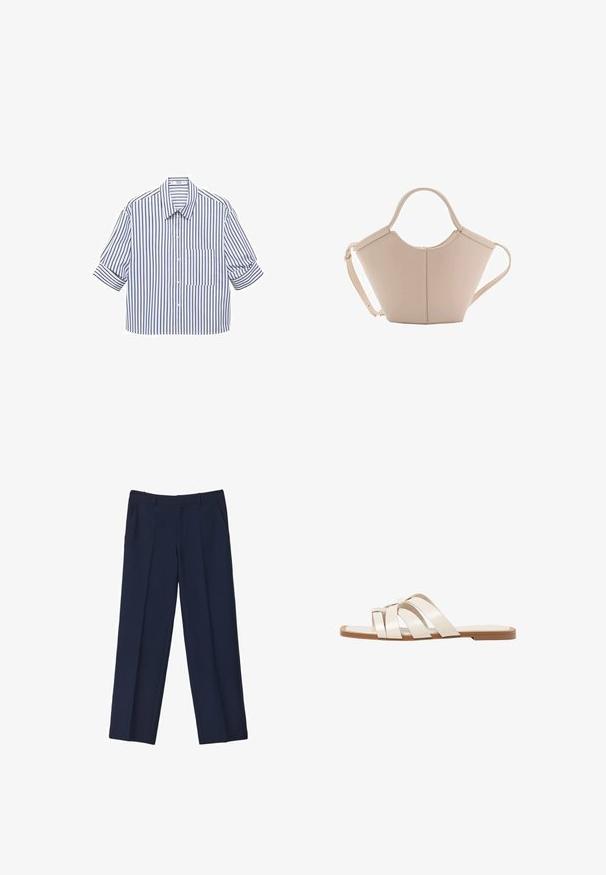 Gekürztes Hemd mit blauen und weißen gestreiften Muster, kurzen hochgerollten Ärmeln und einer einzelnen Brusttasche. Weicher Stoff.; Marineblaue, maßgeschneiderte Hose mit geradem Bein, ausgestattet mit vorderen Falten und Seitentaschen. Der Stoff wirkt glatt und strukturiert.; Flache Sandalen mit einer honigfarbenen Gummisohle, gestaltet mit drei überlappenden weißen Lederriemen und einem kleinen Schleifendetail in der Mitte.; Beige Lederhandtasche mit einer einzigartigen Form, die zwei kurze Henkel und einen langen verstellbaren Riemen aufweist. Glatte Textur mit minimalen Hardware-Elementen.