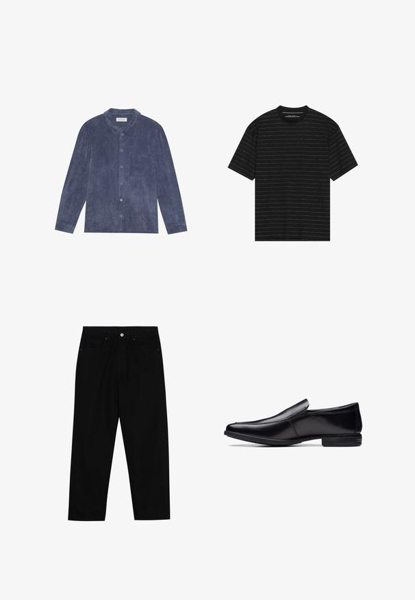 Košilový svetr v tmavě modré kordurové úpravě, s límcem, přední kapsou a dlouhými rukávy s knoflíkovými manžetami; texturovaný povrch.; Černé tričko s krátkým rukávem, zdobené tenkými bílými horizontálními pruhy. Vyrobeno z měkké tkaniny s kulatým výstřihem a volným střihem.; Černé džíny s rovně střiženými nohavicemi, designem pěti kapes a předním zapínáním na knoflík. Hladký povrch s minimem švových detailů.; Černá kožená slip-on obuv s špičatou špičkou, lesklým povrchem, jemnými detaily šití a nízkou gumovou podrážkou.