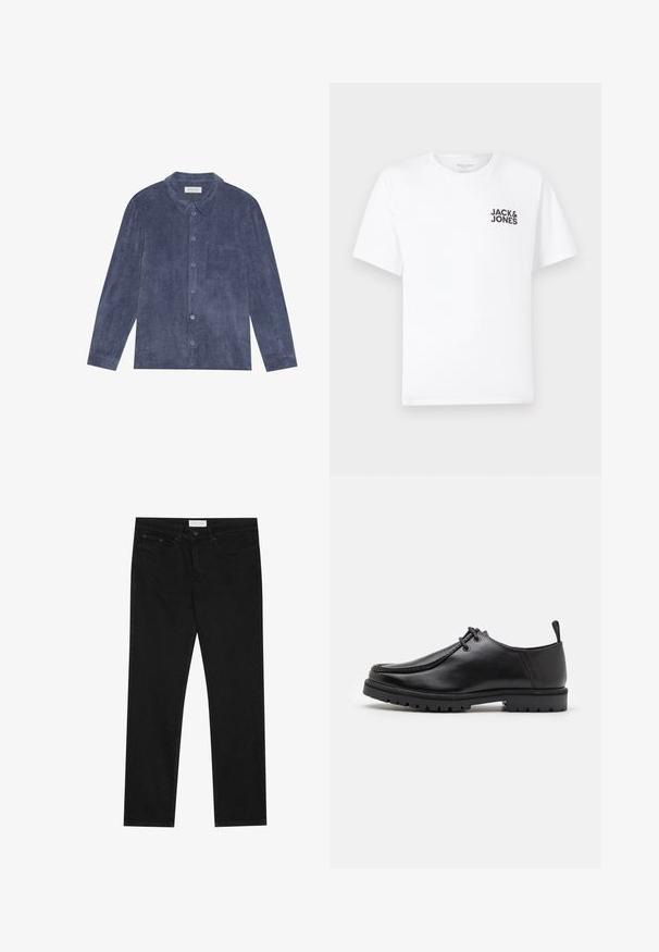 Chemise boutonnée en velours côtelé bleu foncé, avec un col, une poche frontale et des manches longues avec des poignets à boutons ; surface texturée.; T-shirt en coton blanc, à manches courtes, col rond. Présente un logo en texte noir "JACK & JONES" sur la poitrine gauche. Design simple et sobre.; Jean droit noir avec un design à cinq poches, fermeture à bouton et zip, et une étiquette de marque Pier One sur la taille.; Chaussure en cuir noir à lacets avec une semelle robuste et une languette au talon, montrée de côté sur un fond blanc.