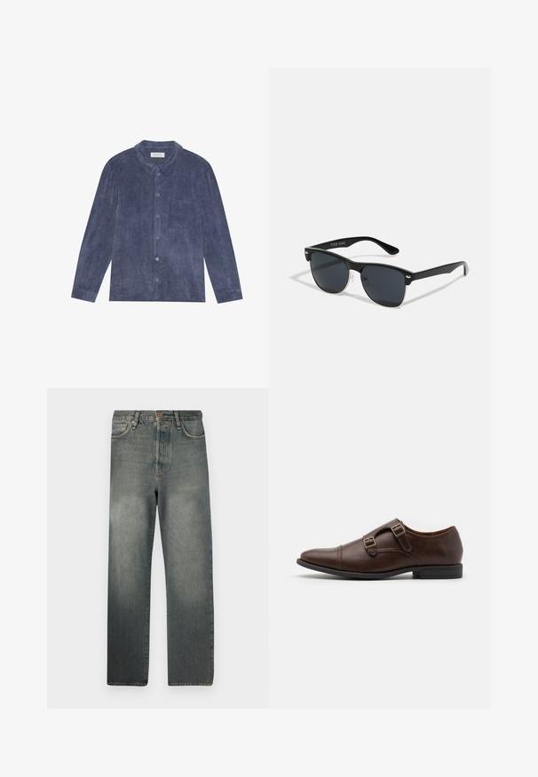 Button-up shirt in dark blue corduroy, featuring a collar, front pocket, and long sleeves with button cuffs; textured surface.; Jack & Jones JJIALEX JJCOOPER - Baggy Jeans - black denim; Brown leather dress shoe with a pointed toe, featuring two adjustable buckles and a sleek low-profile design. Flat black rubber sole.; Black sunglasses with a rectangular shape, dark lenses, silver accents at the temples, and a matte finish on the frame.