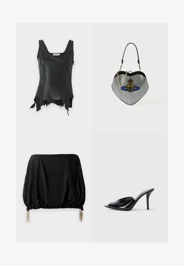 Top din piele neagră, cu decolteu rotund, având un tiv asimetric și margini desfăcute. Textură fină, cu un design ajustat.; Top negru scurt cu un design strâns, având tiv elastic și clips metalice ca accente. Fabricat dintr-un material ușor.; Mule-uri negre din piele cu toc înalt, cu vârf deschis, design ascuțit, textură fină și toc subțire stiletto.; Geantă în formă de inimă, realizată din plasă cu un finisaj metalic, având un design cu o pisică și o planetă în culorile albastru, galben și roșu. Include un bretele cu lanț.