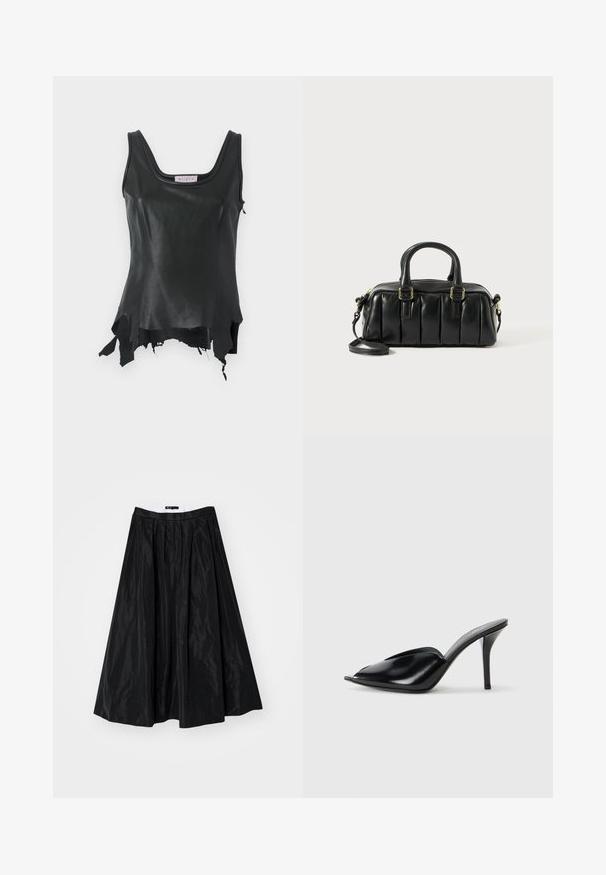 Schwarzes Leder-Top mit Rundhalsausschnitt, asymmetrischem Saum und fransigen Kanten. Glatte Textur mit figurnaher Passform.; Maje A-Linien-Rock - noir; Schwarze Leder-High-Heels mit offener Zehenpartie, spitzem Design, glatter Textur und schmalem Stiletto-Absatz.; Schwarze Lederhandtasche mit puffigem Design, zwei kurzen Griffen und einem abnehmbaren Schultergurt. Akzente aus goldfarbenem Metall.