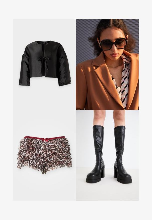 Melnā saīsinātā jaka, kas izgatavota no gluda satīna. Iezīmē plašas piedurknes, apaļu kakla izgriezumu un priekšējo saites aizdares mehānismu. Nav redzamu rakstu vai akcentu.; Ziedu leopardu raksta šorti ar slāņainiem pamēriem, ar sarkanu mežģīņu jostu un mazu lenti priekšā.; Melni ceļgala zābaki, kas izgatavoti no gludas ādas, ar biezu platformu un kvadrātveida papēdi, rotāti ar izšūtu apdari gar malām.; Brūns bleizeris ar platām atlokiem virs rakstainas krekliņas, kas rotāta ar ģeometriskiem motīviem melnā, baltā un sarkanā krāsā. Lielas melnas saulesbrilles noslēdz šo izskatu.; Even&Odd Maisiņveida soma - black