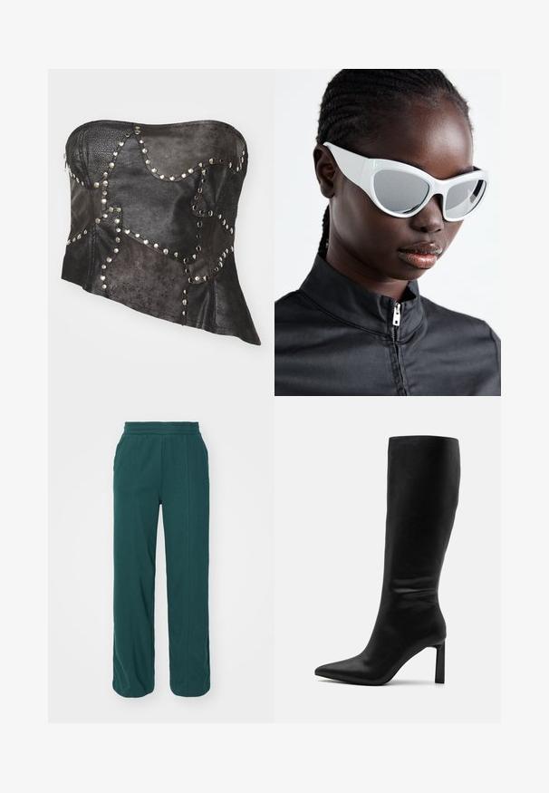 Čierny kožený korzet bez ramienok s textúrovanými panelmi, striebornými cvočkami, asymetrickým tvarom a viditeľným zipsom na boku.; GAP PANT - Tepláky - essex green; Even&Odd Čižmy - black; Biele slnečné okuliare s odváznym, nadrozmerným dizajnom a zrkadlovými sklami, s hladkými plastovými rámami a zvýraznenými krivkami.; Strieborné kruhové náušnice s lešteným povrchom, s obvodovým dizajnom a bezšvíkovými pántmi, ktoré majú hladkú textúru.