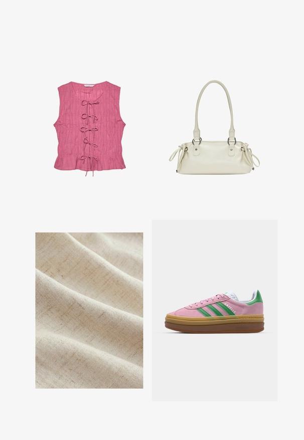 Vaaleanpunainen ilman hihoja oleva paita, jossa on teksturoitu pinta, edessä nauhoitusyksityiskohta ja levenevä helma. Kevyt, rento malli.; Vaaleanbeige kangas, jossa on hienovarainen tekstuuri ja vaaleat viivat, luoden pehmeän, kudotun ilmeen. Se laskeutuu sujuvasti hellillä laskoksilla.; Vaaleanpunaiset mokkanahkakengät, joissa on vihreät raidat, valkoiset yksityiskohdat ja ruskea kumipohja. Sisältää tekstuurillista kangasta ja logoyksityiskohtia sivulla.; Beige nahkakäsilaukku, jossa on sileä pinta, kaksinkertaiset pyöristetyt kahvat ja säädettävät nauhakoristeet kummallakin puolella. Varustettu hopeanvärisellä metalliosalla.