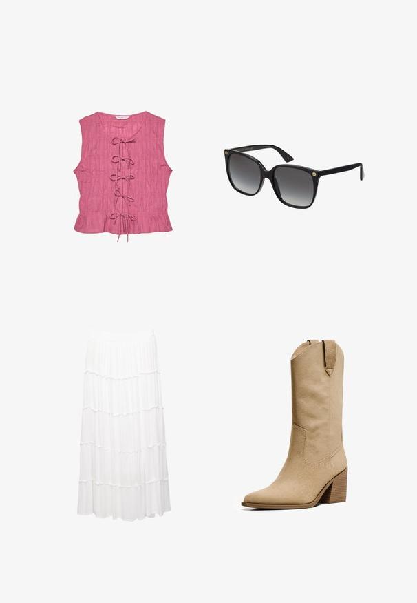 Pink sleeveless blouse with a textured finish, featuring a front lacing detail and a flared hemline. Lightweight, relaxed fit design.; White tiered skirt made of lightweight fabric, featuring a stretchy waistband, ruffled layers, and a flowing design that extends to mid-calf.; Bershka HIGH-HEEL - Cowboy/Biker boots - beige; Black oversized sunglasses with gradient lenses, thick plastic frames, and gold logo accents on the temples. Angular shape and polished finish.